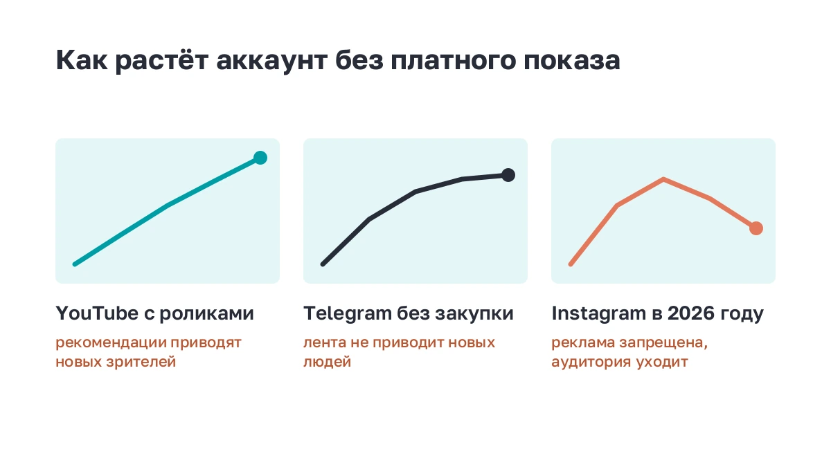 Три формы роста аккаунта без платного показа: YouTube растёт, Telegram-канал выходит на плато, Instagram теряет аудиторию